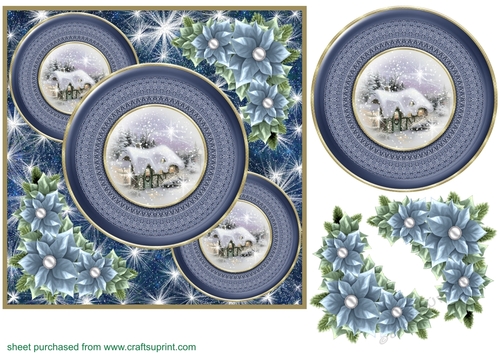 Blue Christmas cottage card front 1