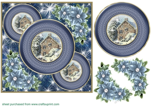 Blue Christmas cottage card front 2