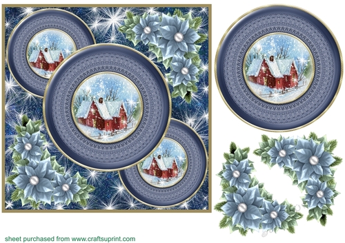 Blue Christmas cottage card front 3