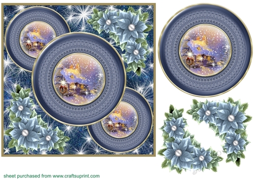 Blue Christmas cottage card front 4