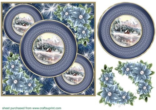 Blue Christmas cottage card front 5