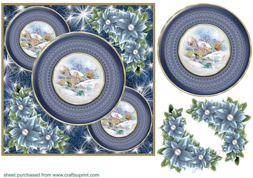 Blue Christmas cottage card front 6
