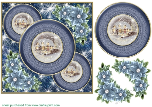 Blue Christmas cottage card front 7