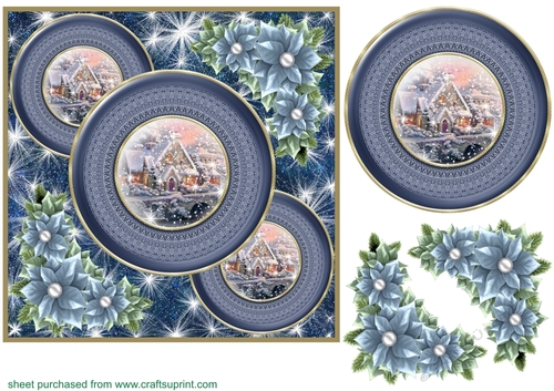 Blue Christmas cottage card front 8