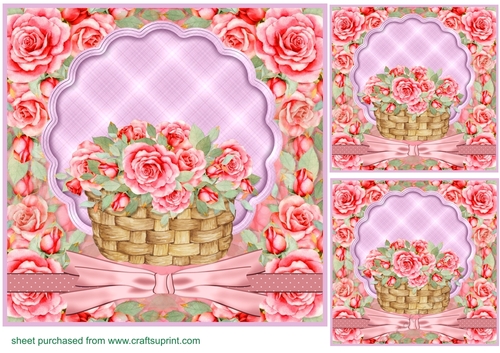 3 Red roses in basket card front/toppers