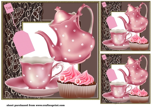 3 Pink and brown afternoon tea card front/toppers