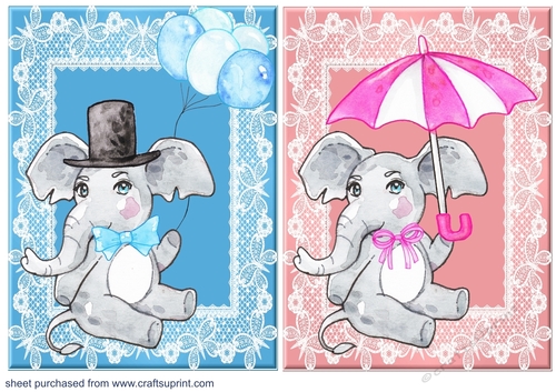 Blue and pink elephant card fronts