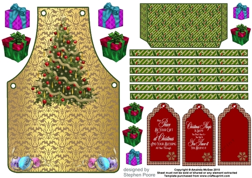 Christmas tree and presents apron card front