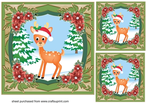 3 Green Christmas forest animals card front/toppers 1