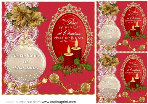 3 Red Christmas bauble and candles card front/toppers