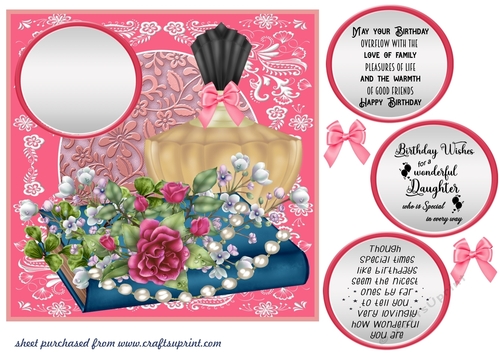 Pink perfume and pearls Birthday card front