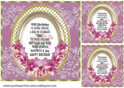 3 Purple floral Birthday card front/toppers