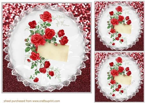 3 Red rose doily card front/toppers