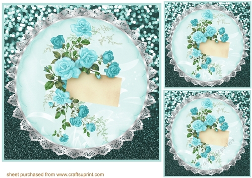 3 Teal rose doily card front/toppers