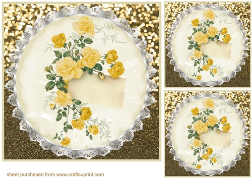 3 Yellow rose doily card front/toppers