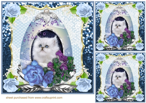 3 Blue cat in floral egg card front/toppers 1