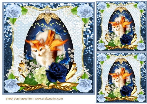 3 Blue cat in floral egg card front/toppers 3