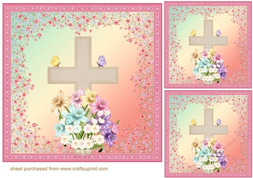 3 Cream multi floral cross card front/toppers