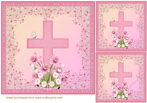 3 Pink floral cross card front/toppers 2