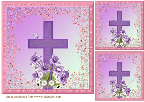 3 Purple floral cross card front/toppers 