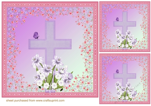 3 Purple floral cross card front/toppers 2