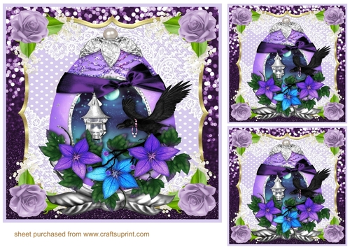 3 Purple floral crow egg card front/toppers