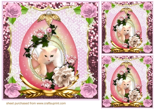 3 Pink cat in floral egg card front/toppers