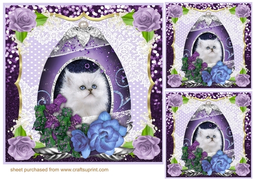3 Purple cat in floral egg card front/toppers