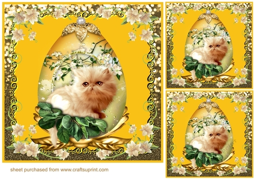 3 Yellow cat in floral egg card front/toppers