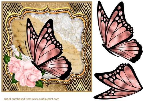 Butterfly with light pink rose frame card front