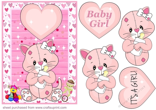 Pink baby girl kitty card front 1