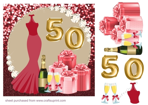 Age 50 red dress Birthday card front