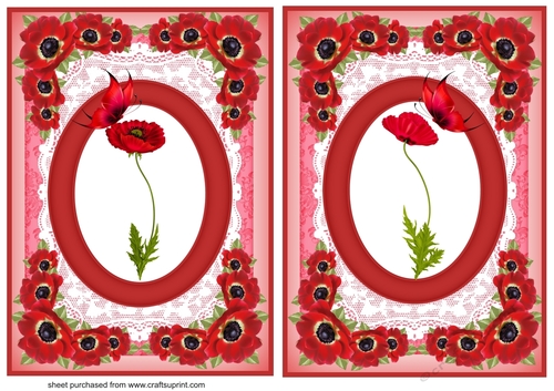 2 Red poppy and butterfly card fronts/toppers
