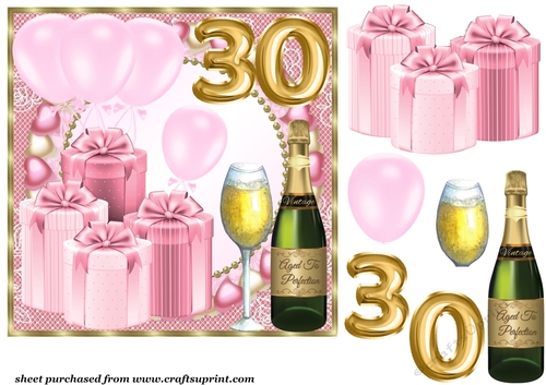 Pink age 30 balloons and presents card front