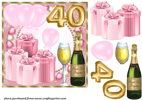 Pink age 40 balloons and presents card front