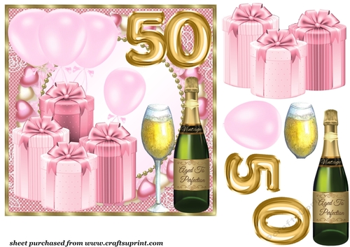Pink age 50 balloons and presents card front