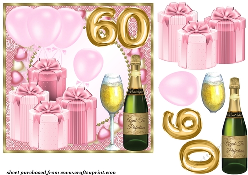 Pink age 60 balloons and presents card front