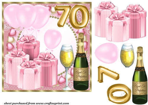 Pink age 70 balloons and presents card front