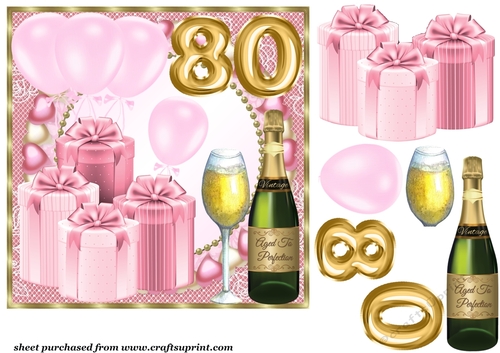 Pink age 80 balloons and presents card front