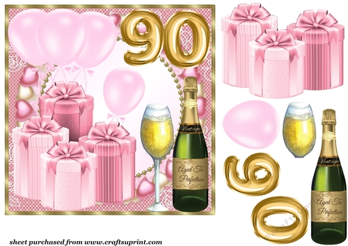 Pink age 90 balloons and presents card front