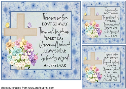 3 Blue floral cross sympathy card front/toppers