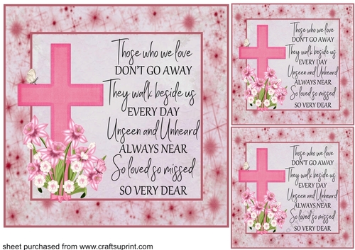 3 Pink floral cross sympathy card front/toppers