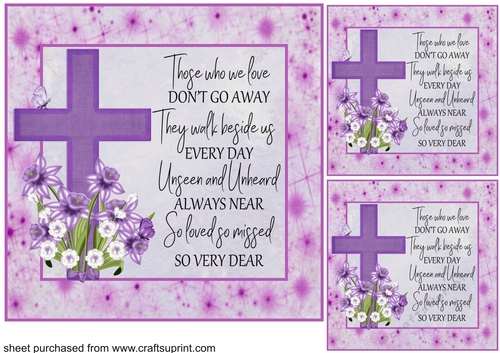 3 Purple floral cross sympathy card front/toppers
