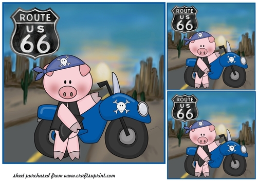 3 Blue piggy biker card front/topper