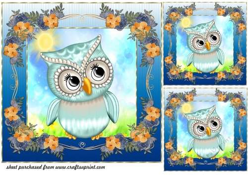 3 Blue floral owl card front/toppers