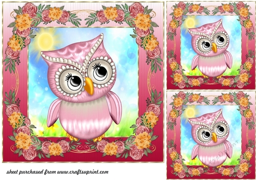 3 Pink floral owl card front/toppers