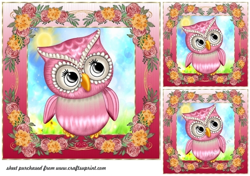 3 Pink floral owl card front/toppers 2