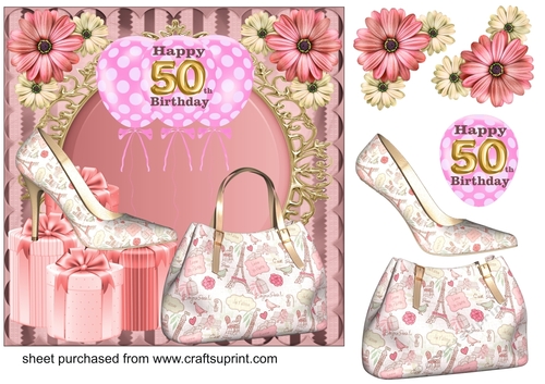50th Pink floral shoe and bag card front