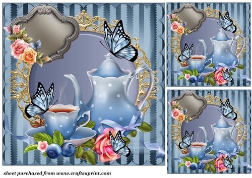 3 Blue floral afternoon tea card front/toppers