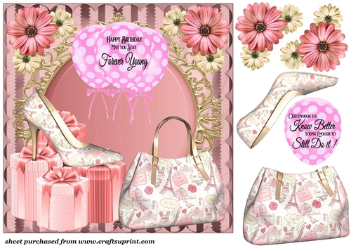 Pink shoe and bag Birthday card front 1